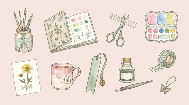A collection of art and craft supplies, including paints, brushes, scissors, tape, and a journal, arranged on a pink background.
