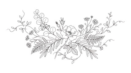 Minimalist botanical line art bouquet, elegant wild flower floral arrangement vector, hand drawn garden foliage and fern leaf composition for wedding © Dream Time Studio