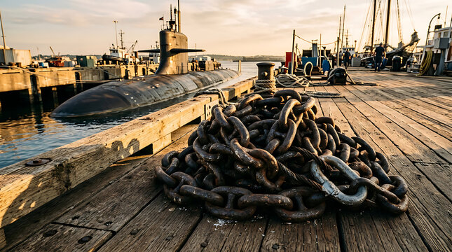 A weathered submarine rests beside a thick anchor chain pile on a wooden dock at a bustling port.