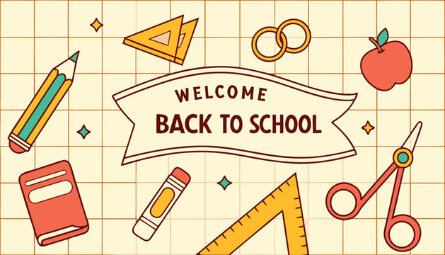 Welcome back to school banner on yellow grid math notebook paper background with cute stationery doodles