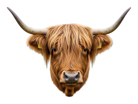 Majestic brown Highland cow head with shaggy fur and long horns facing forward isolated transparent background image