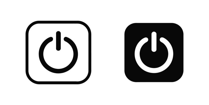 Power button icon set, startup shutdown and energy control symbols isolated on white background for technology interfaces.