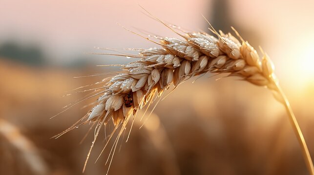 Close up of a ripe golden wheat ear with dew drops at sunrise, backlit by warm sunlight, symbolizing harvest and agriculture.