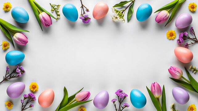 Colorful easter eggs floral border on white background with copy space