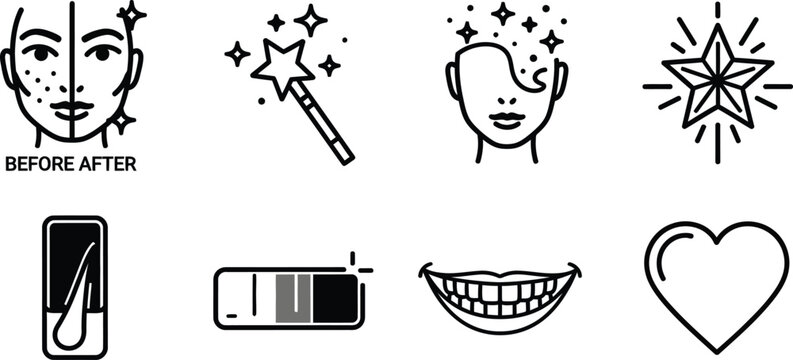 Set of beauty and wellness icons including before and after skin treatment magic wand sparkling face star hair follicle battery charge smile and heart symbol for cosmetic or health concepts