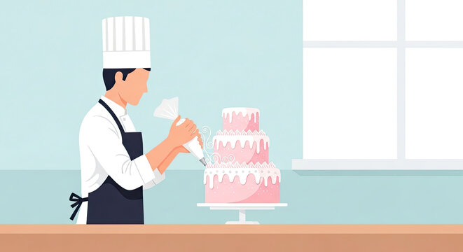 Chef using piping bag to decorate tall pink cake.