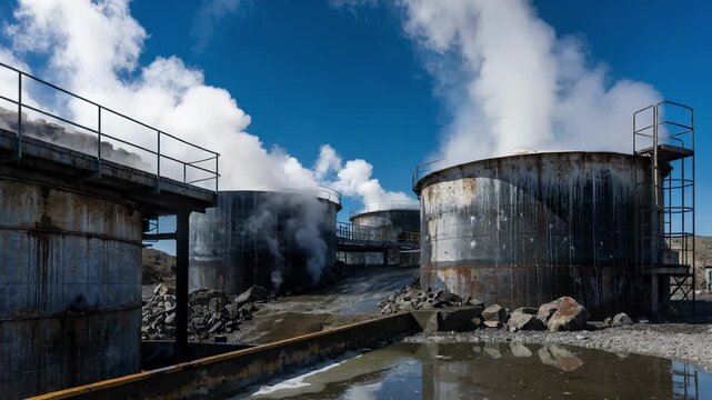 Industrial outdoor zinc roasting facility showing sulfur calcine leaching in massive tanks under clear skies with billowing steam.