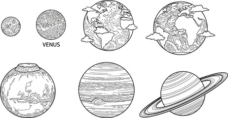 Collection of hand-drawn planet illustrations including Earth and Saturn with rings for educational or space-themed graphic design projects © Zohaib