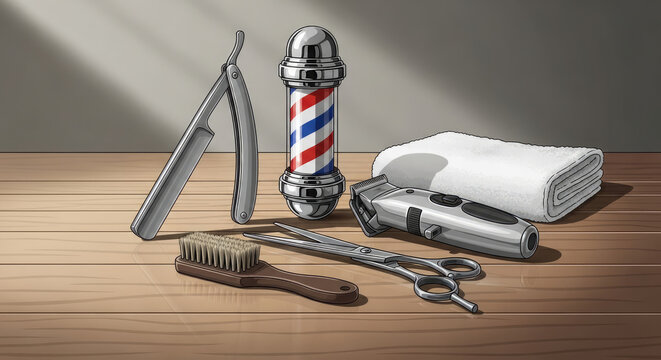 Classic barbershop tools and barber pole on wooden table.
