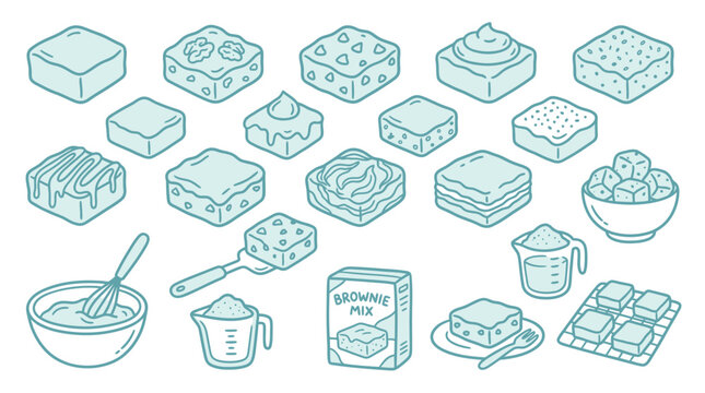 Collection of illustrated brownie icons and elements, including different types of brownies, baking ingredients, and tools.