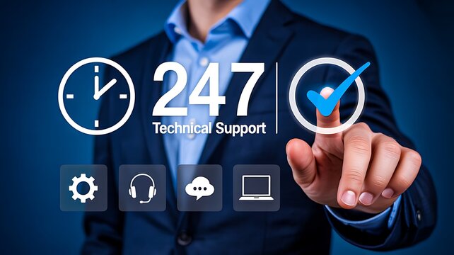 24 7 technical support customer service and helpdesk assistance concept with digital interface