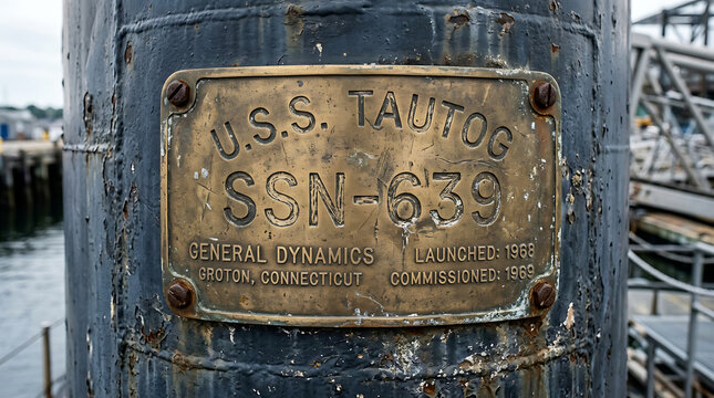 U.S.S. Tautog SSN-639 identification plate showing General Dynamics Groton, Connecticut, launched and commissioned