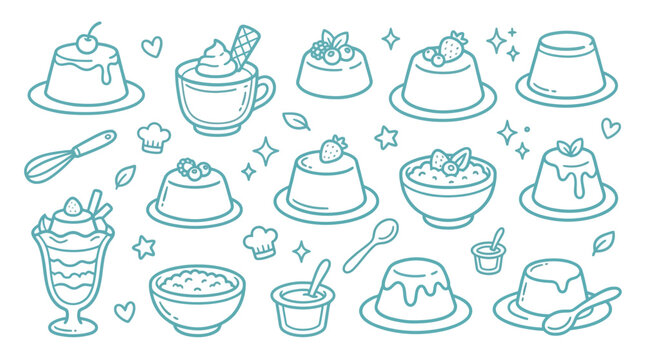 Collection of hand-drawn desserts and sweet treats, including puddings, parfaits, and whipped cream.