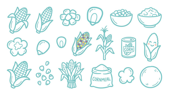 Collection of cute cartoon corn illustrations, including ears of corn, kernels, popcorn, and cornmeal.
