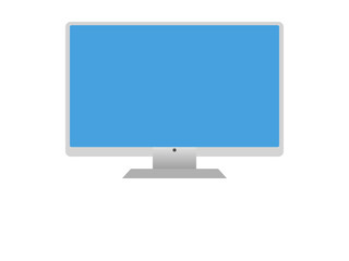 Fototapeta premium A sleek computer monitor displays a blue screen on a clean desk indoors.