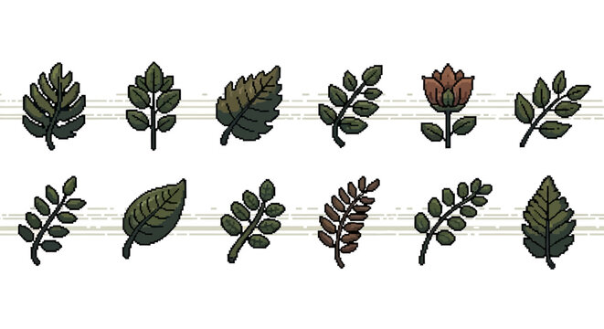 Pixel art leaf icons set on white background