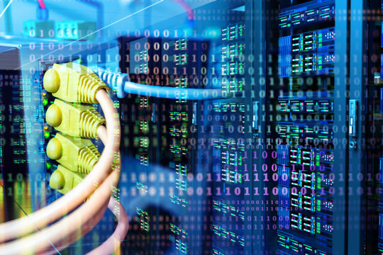 Data center networking. Fiber optic cables connect server racks with digital binary code for cloud computing infrastructure.