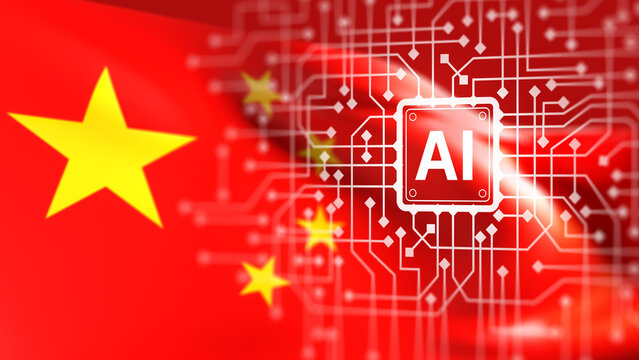 Chinese artificial intelligence. AI chip and circuit board appear over China flag for technology and semiconductor development. 3D image