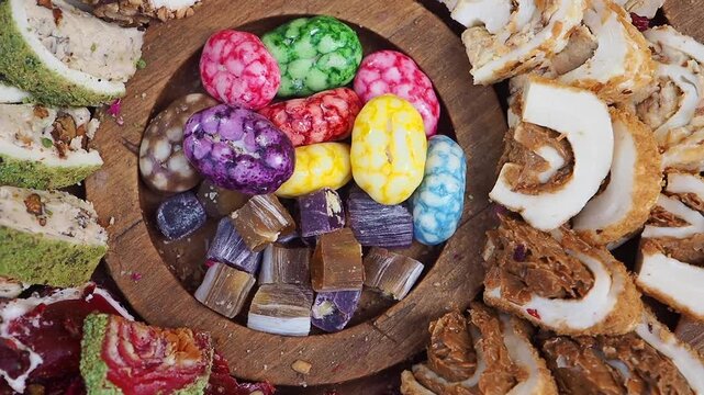 turkish delight on a wooden plate at a local market