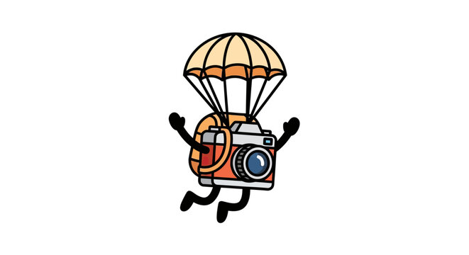 Camera mascot character skydiving with a brown parachute.
