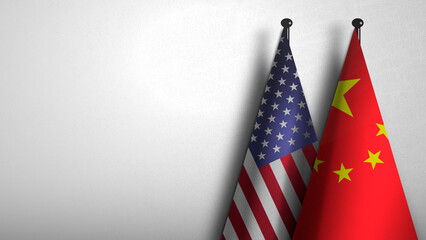 Obraz premium 3D rendering of two flag from China and United States on flagpoles with Gray background for diplomatic. bilateral relations. peace and conflict between countries. Fabric