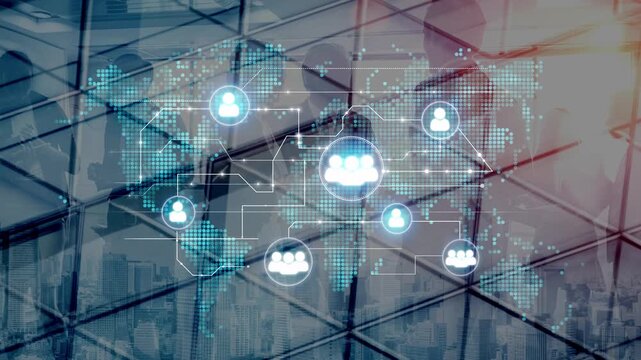 Digital Networking Concept with Global Connection and Modern Office Environment Reflected in Glass Buildings. Entropy.