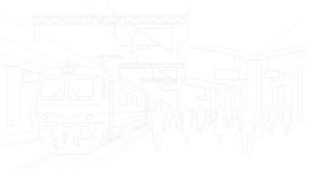 Train Station Blueprint Sketch: Passengers Boarding Locomotive at Platform © Tani