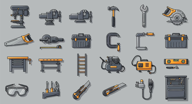 Detailed set of colorful workshop and construction tools icons featuring drill press vise hammer wrench saw grinder tape measure toolbox clamp ladder compressor and safety gear