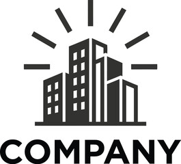 Naklejka premium Minimalist black building silhouette logo design featuring a radiant sun burst effect