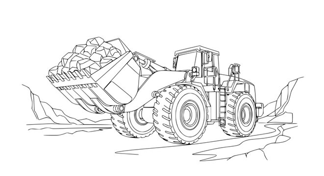 Line Art Loader Truck with Full Bucket of Rocks on Construction Site