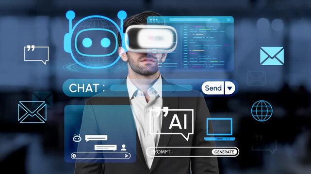 Person Wearing Virtual Reality Headset Engaged in Technology-Driven Chat Interface Featuring Robot Assistance and Digital Communication Tools. Entropy.
