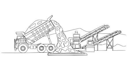Construction Site: Dump Truck Unloading Aggregate, Conveyor Belts and Machinery © Tani