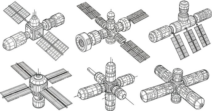 Collection of futuristic space station modules detailed isometric vector illustrations for science fiction concepts and aerospace design isolated on white