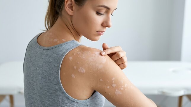 Young Adult Woman with Vitiligo on Arm and Shoulder, Natural Beauty Portrait