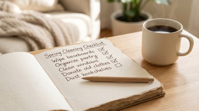 Handwritten tasks notebook and hot coffee mug in comfortable style in soft neutral colors representing mindful household management with copy space