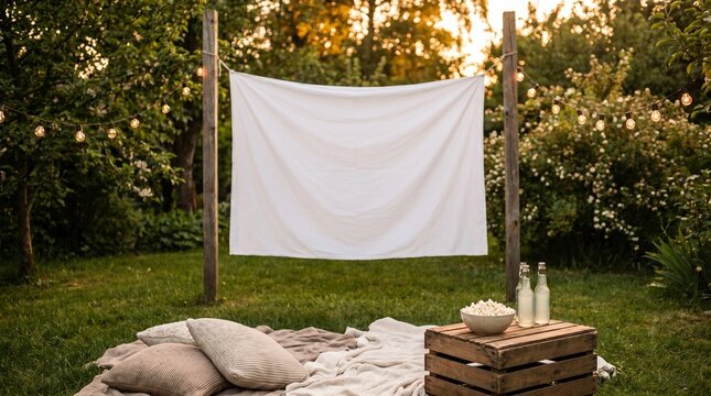 Backyard film screening area with a fabric display and floor seating in cottagecore style in warm evening colors representing an intimate outdoor recreation event with copy space