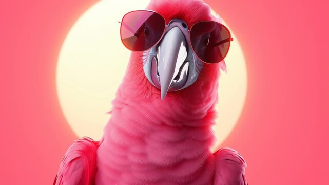 Stylish Pink Parrot Wearing Sunglasses on Abstract Coral Background