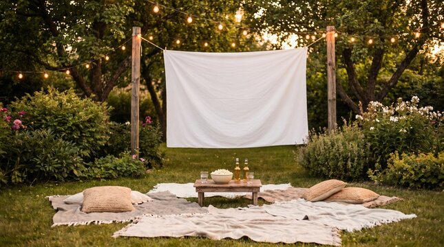 Outdoor cinema setup with a blank screen and seating on grass in rustic style in warm natural colors representing a cozy backyard movie night with copy space