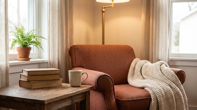 Upholstered armchair with a knit blanket and a hot beverage in cozy style in warm orange colors representing a peaceful home retreat with copy space