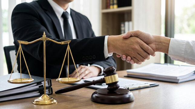 Attorney handshake with client beside scales and gavel, law firm partnership and justice concept.