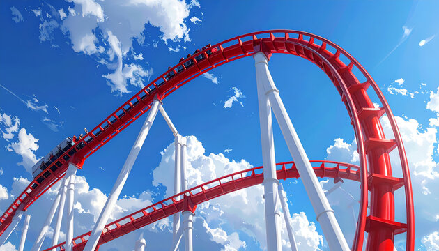 Thrilling Roller Coaster Ride Under a Bright Blue Sky with Fluffy Clouds.