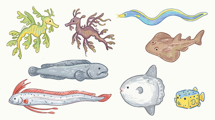 A charming collection of diverse and colorful underwater sea creatures, hand-drawn in a whimsical style. © Oki