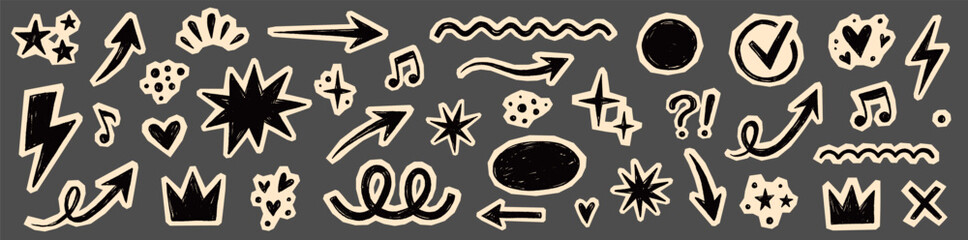 Paper collage scrapbook element set. Hand drawn paper collage sticker with doodle line heart arrow notebook texture. Cute grunge newspaper crown rock punk retro background. Vector illustration © Polina Tomtosova