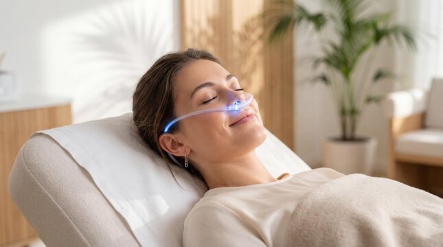 Nasal cannula wellness therapy with blue light in spa room