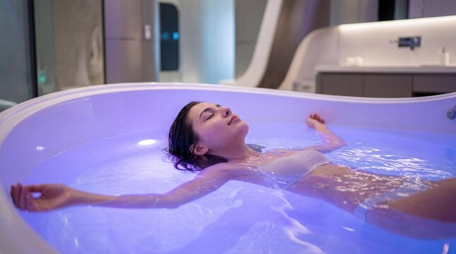 Woman floating in illuminated floatation therapy bath at spa