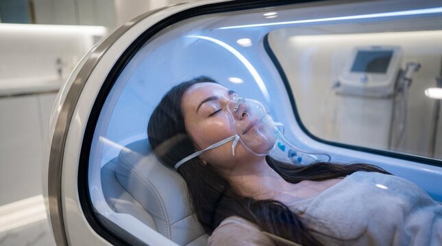 Woman resting in hyperbaric oxygen chamber with face mask