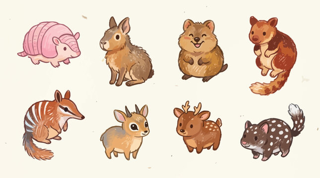 A charming collection of cute, cartoon-style Australian native animals, each with a unique and endearing appearance.