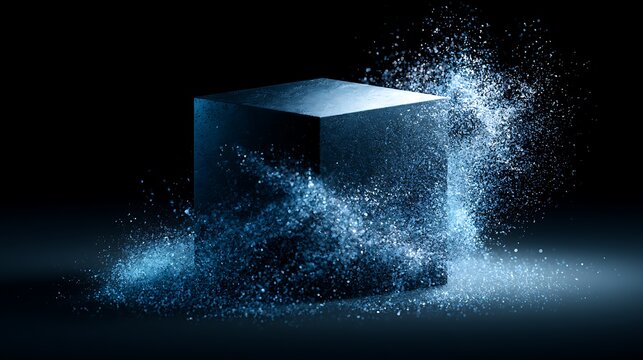 Single cube transforming into thousands of digital particles, generative AI creation concept
