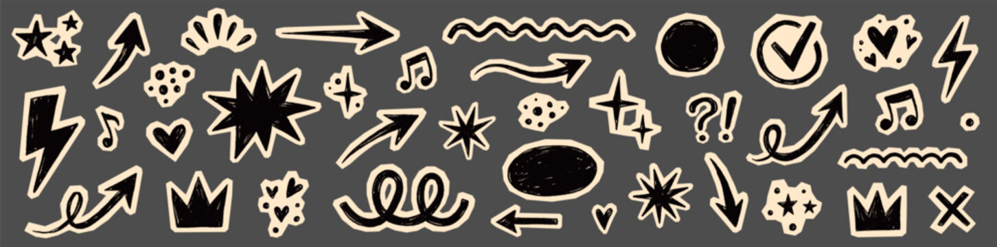 Paper collage scrapbook element set. Hand drawn paper collage sticker with doodle line heart arrow notebook texture. Cute grunge newspaper crown rock punk retro background. Vector illustration