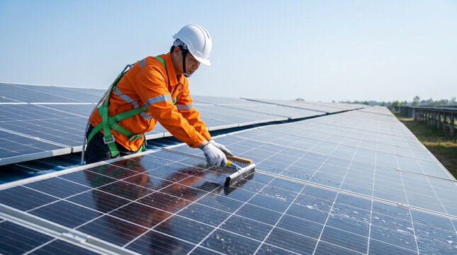 Technician washing photovoltaic panels, solar farm maintenance and green energy efficiency concept.